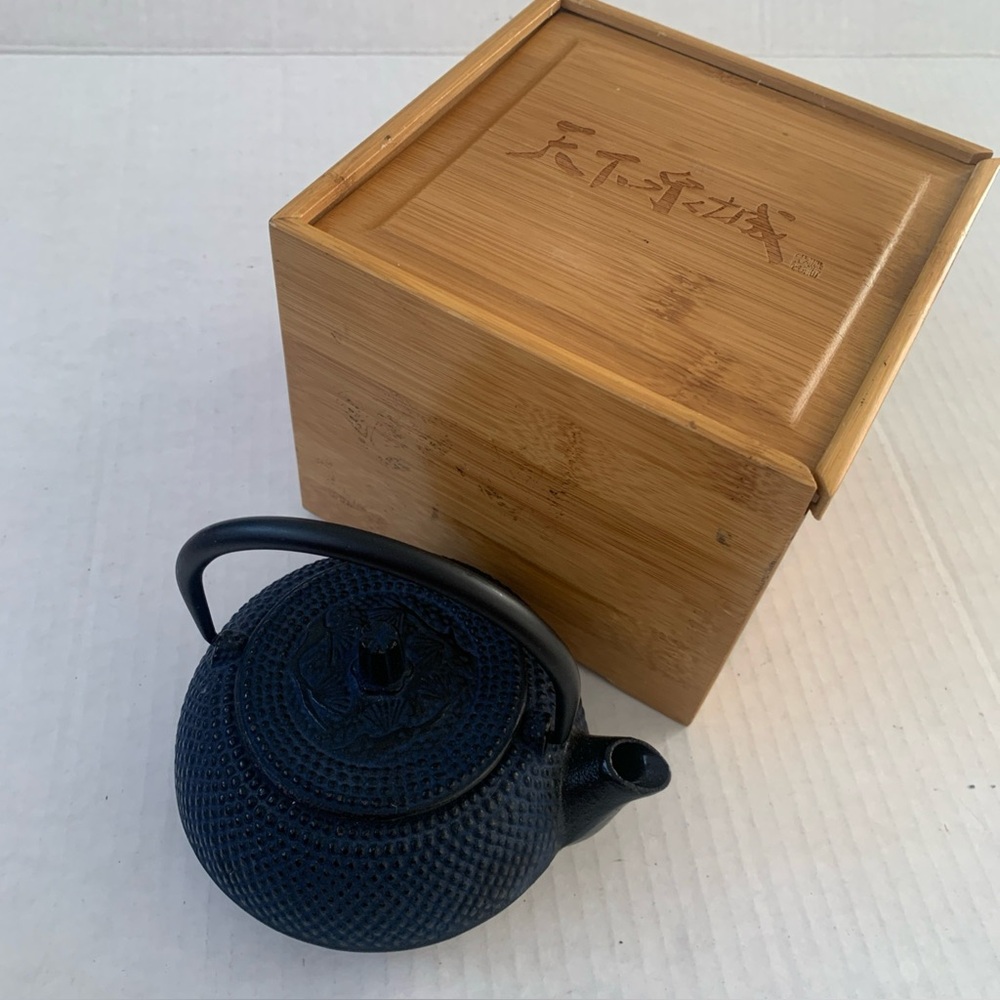 Vintage Japanese Hobnail Cast Iron Tea Pot with wooden box gift EUC